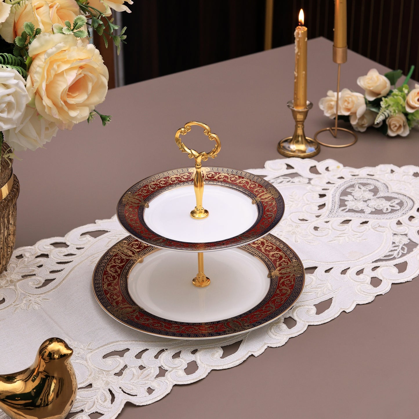 Crown Imperial Two Tier Dessert Stand (Palace Collection, 24K Embossed Gold) - Vigneto