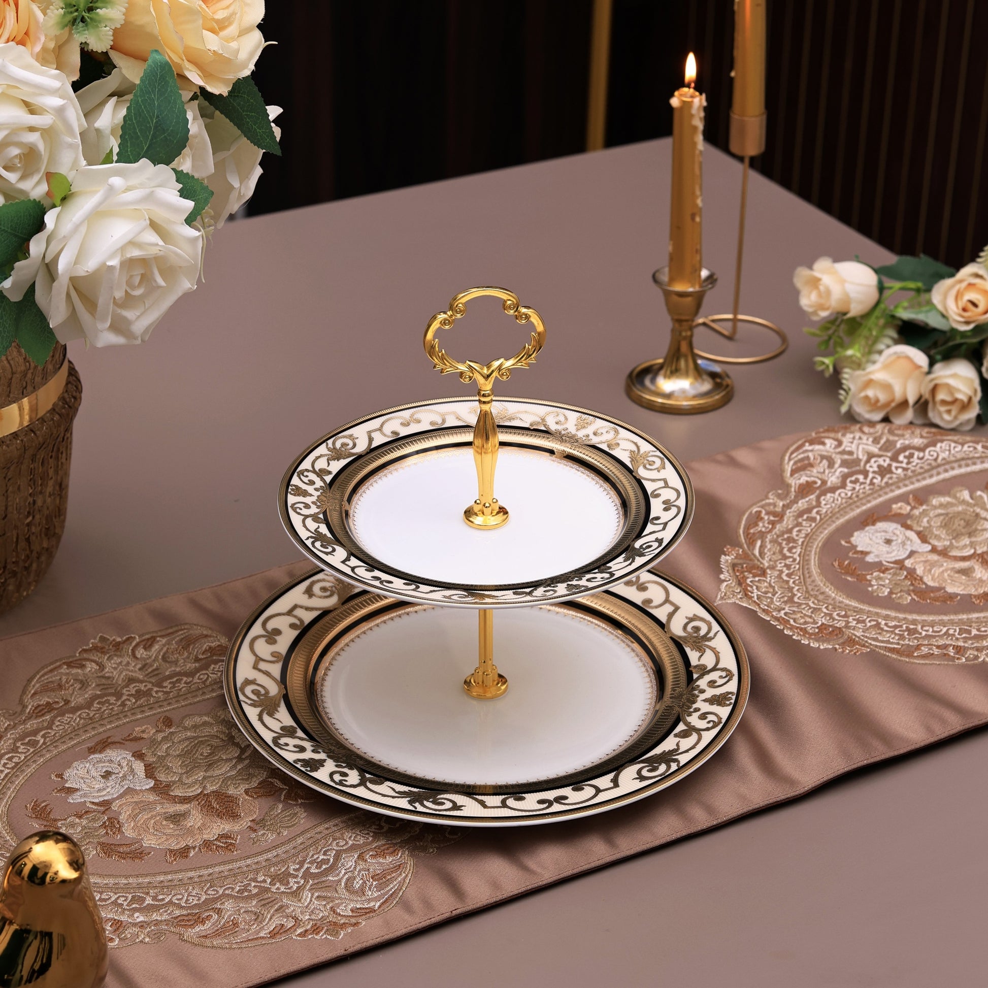 Gilded Realm Two Tier Dessert Stand (Palace Collection, 24K Embossed Gold) - Vigneto
