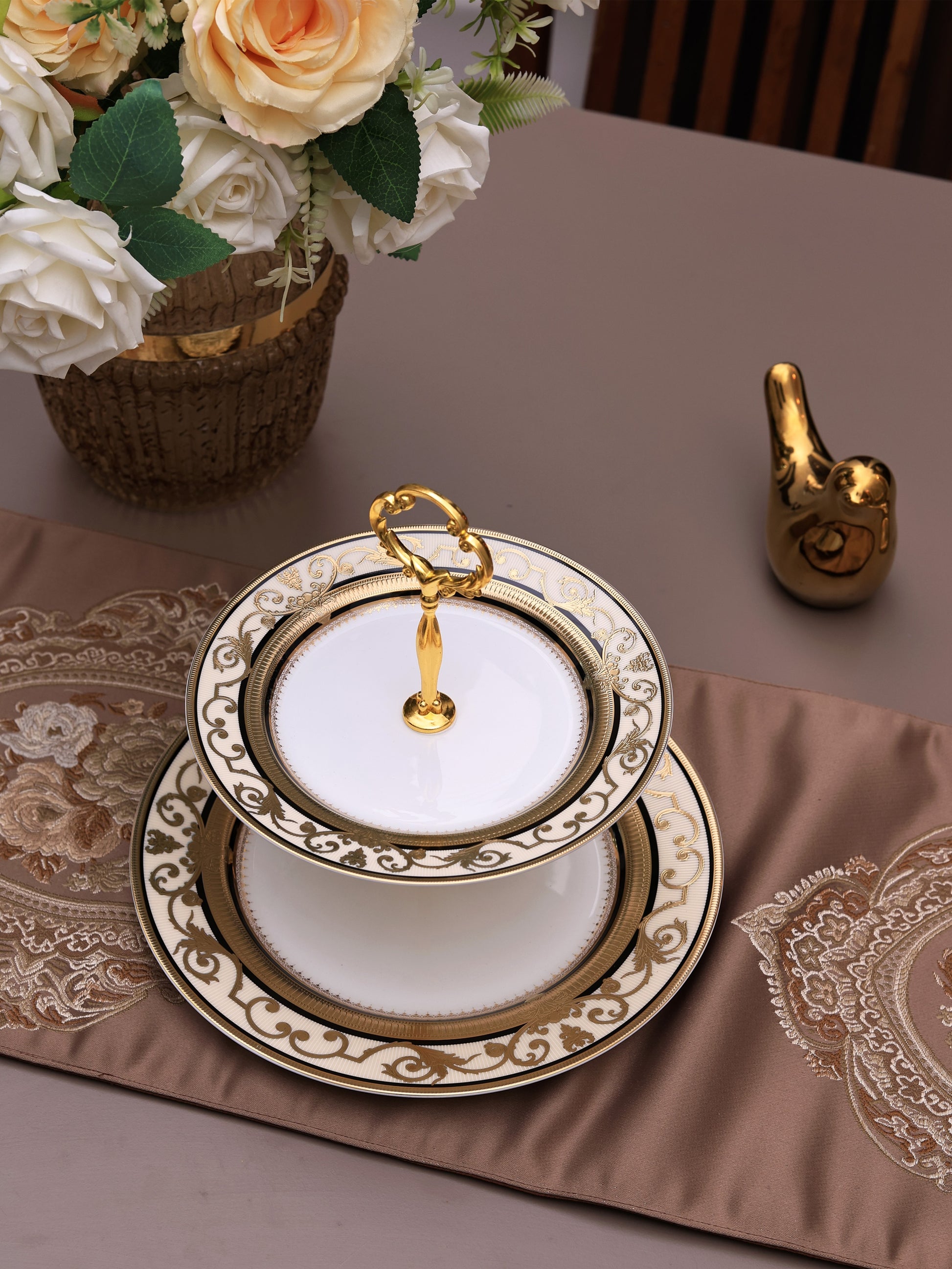 Gilded Realm Two Tier Dessert Stand (Palace Collection, 24K Embossed Gold) - Vigneto