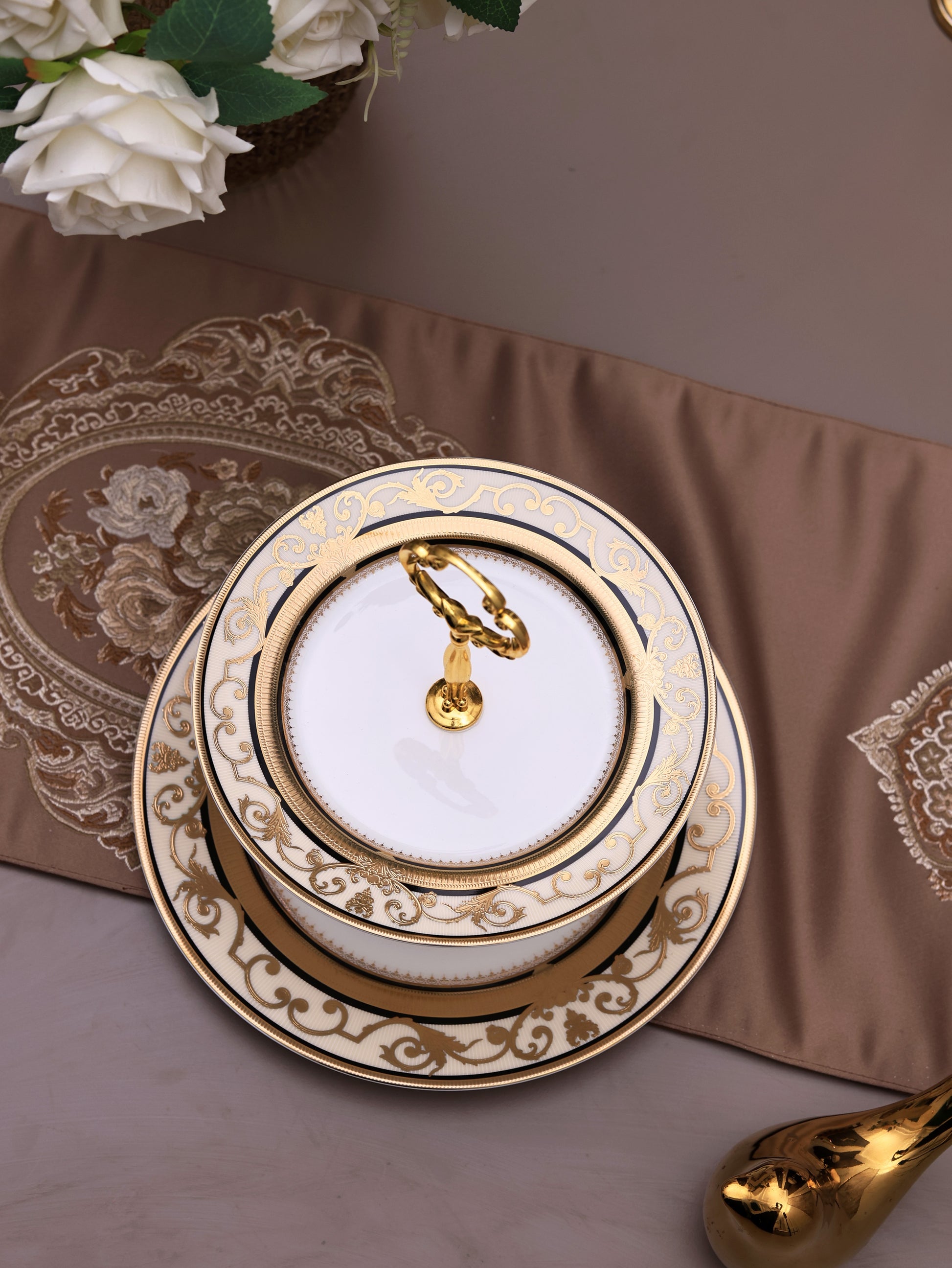 Gilded Realm Two Tier Dessert Stand (Palace Collection, 24K Embossed Gold) - Vigneto