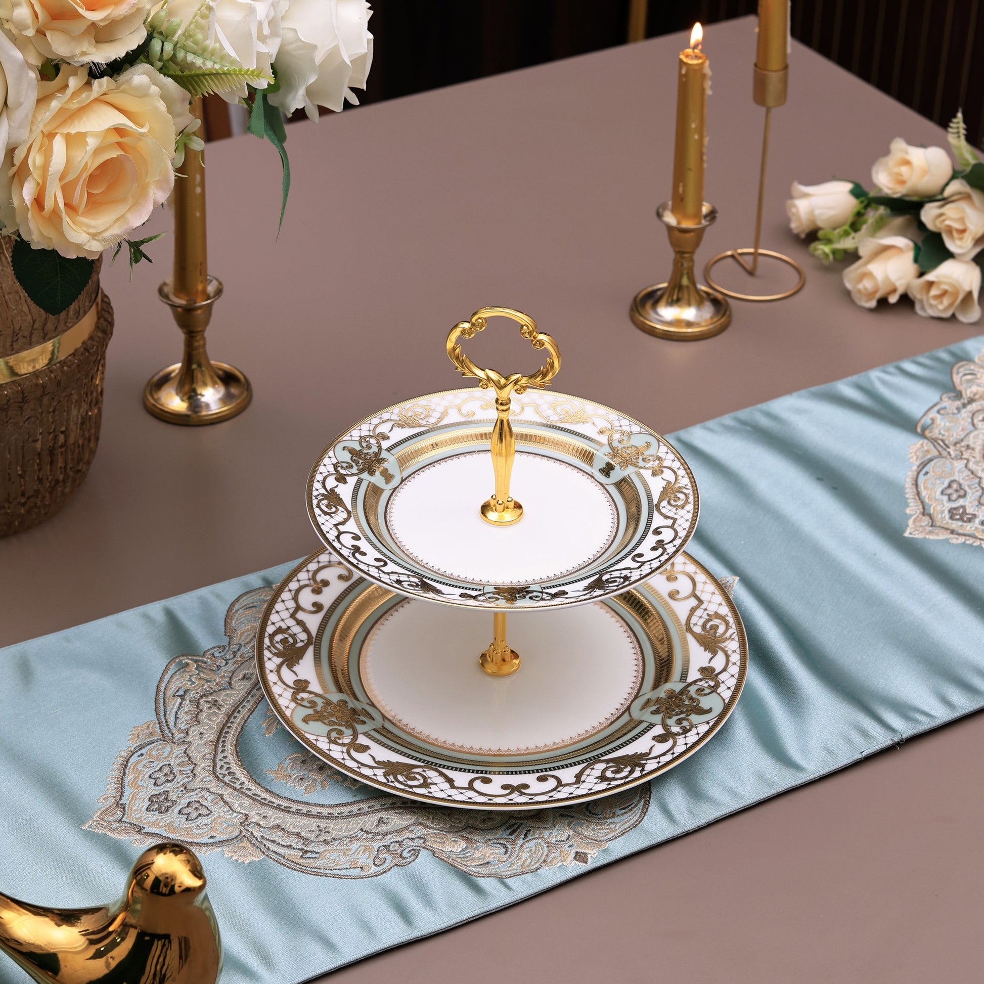 Palace Verde Two Tier Dessert Stand (Palace Collection, 24K Embossed Gold) - Vigneto