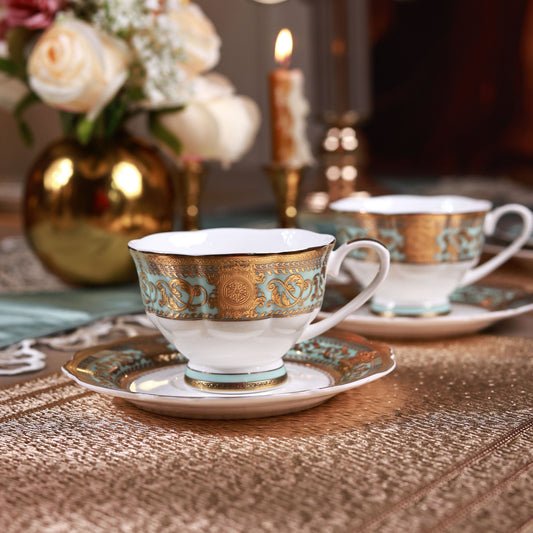 Rococo Majeste Cup and Saucer Set (Set of 6, Palace Collection, 24K Embossed Gold)