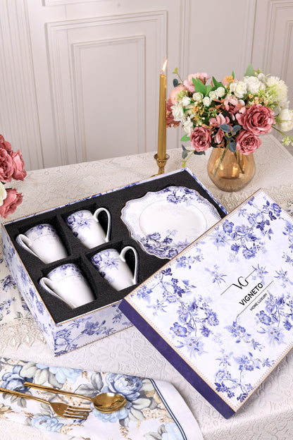 Jardin de Jouy Coffee Mugs with Snack Plates (4 Mugs and 4 Snack Plates)