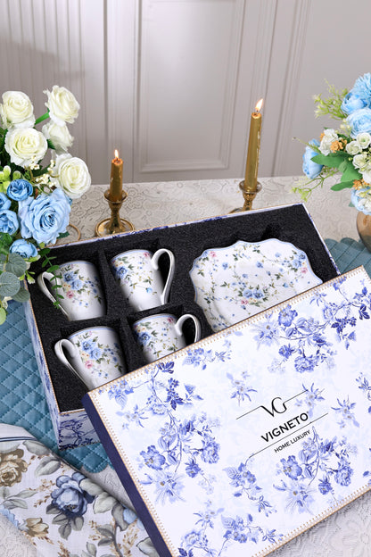 Yorkshire Bloom Coffee Mugs with Snack Plates (4 Mugs and 4 Snack Plates) - Vigneto