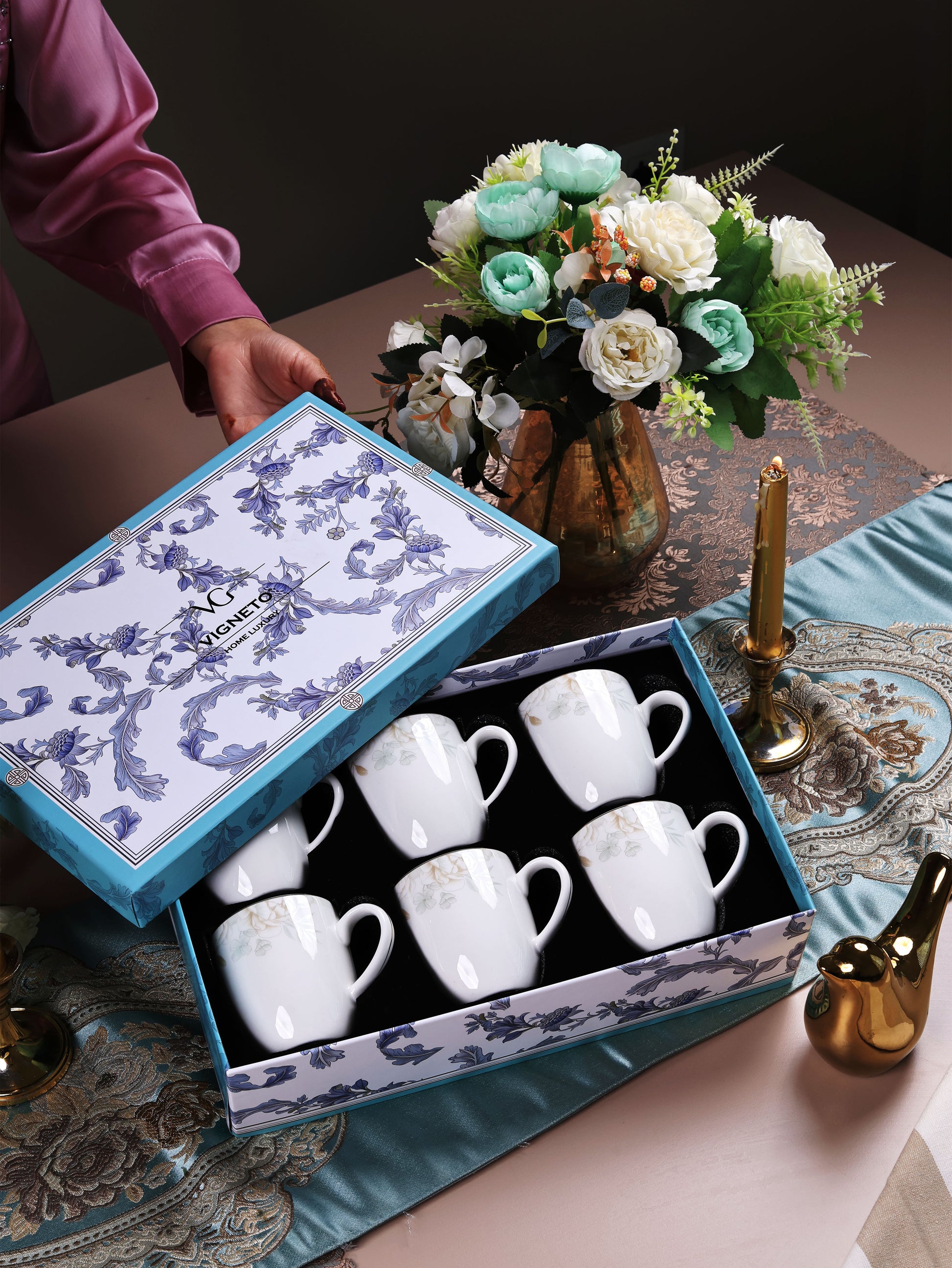 Sage Blume Mug Set (Capacity 180 ML, Set of 6) - Vigneto