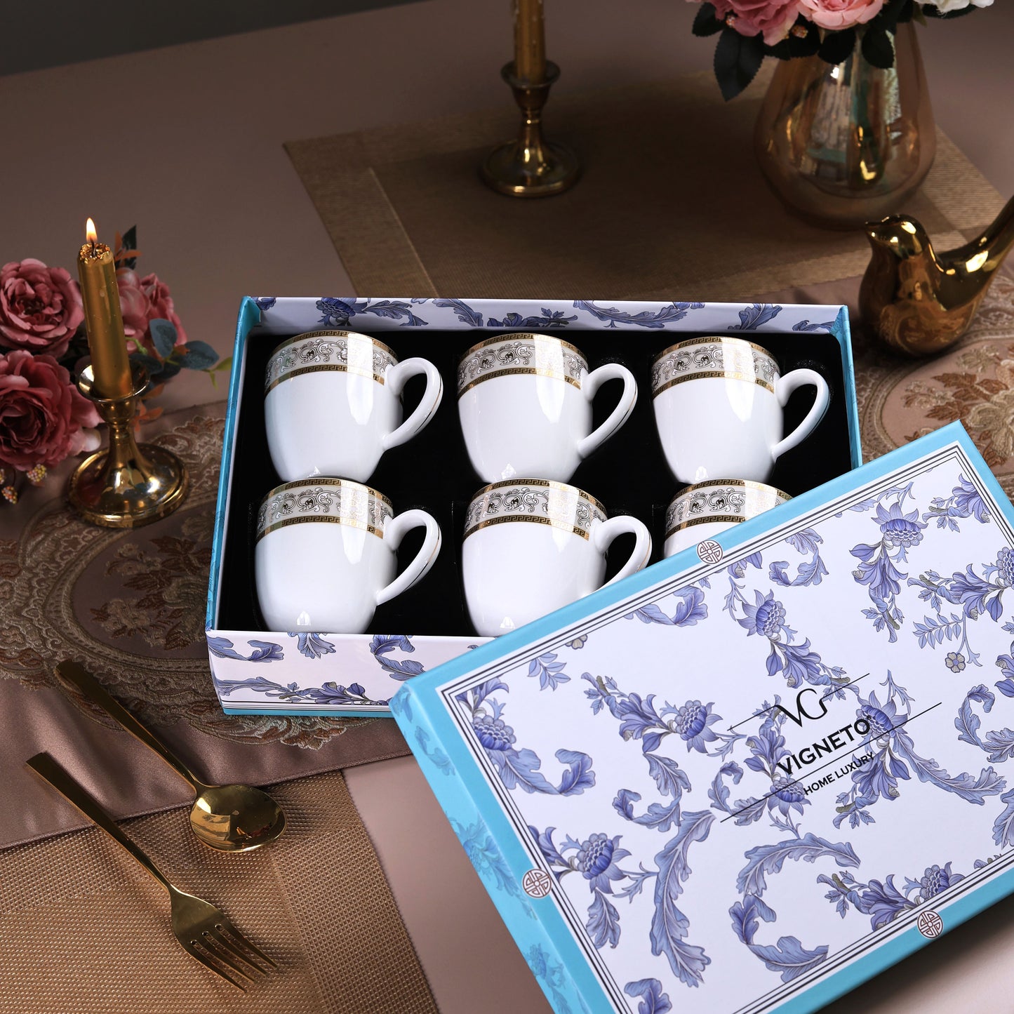 Mughal Gold and Grey Mug Set (Capacity 170 ML, Set of 6) - Vigneto