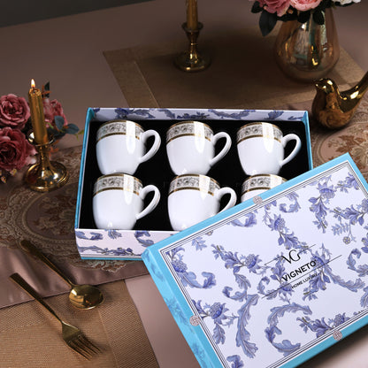 Mughal Gold and Grey Mug Set (Capacity 170 ML, Set of 6) - Vigneto