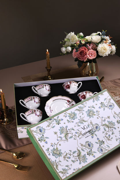 Rose Garden Cup and Saucer Set (Vintage Collection, 6 Cups and 6 Saucers) - Vigneto