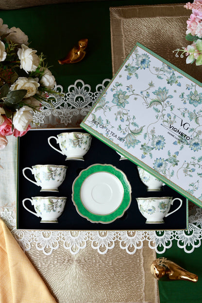 Tudor Green Cup and Saucer Set (Vintage Collection, 6 Cups and 6 Saucers)