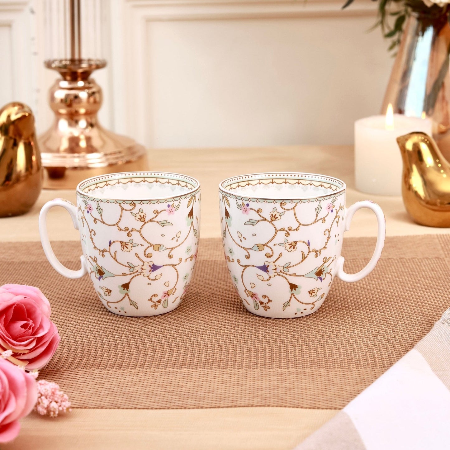 White Pattern Mug Set (Capacity 200 ML, Set of 6)