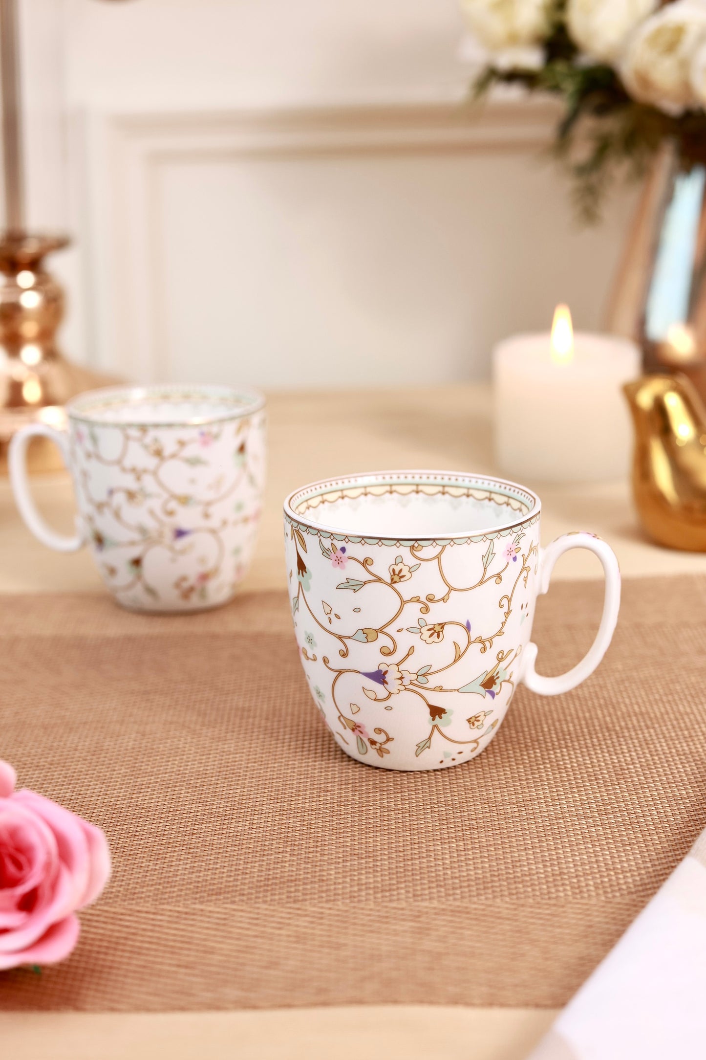 White Pattern Mug Set (Capacity 200 ML, Set of 6)