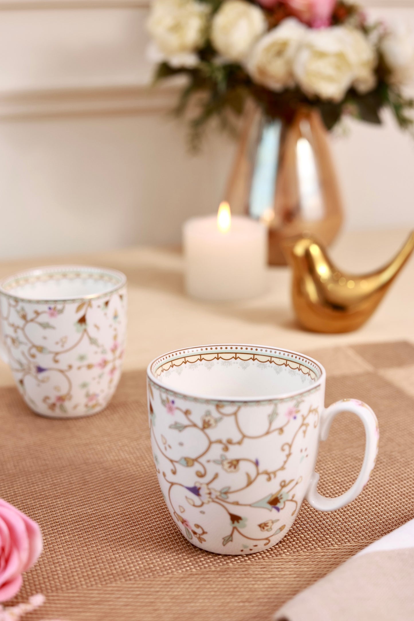 White Pattern Mug Set (Capacity 200 ML, Set of 6)