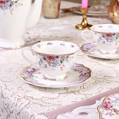 Lilac Garden Cup and Saucer Set (Vintage Collection, 6 Cups and 6 Saucers)