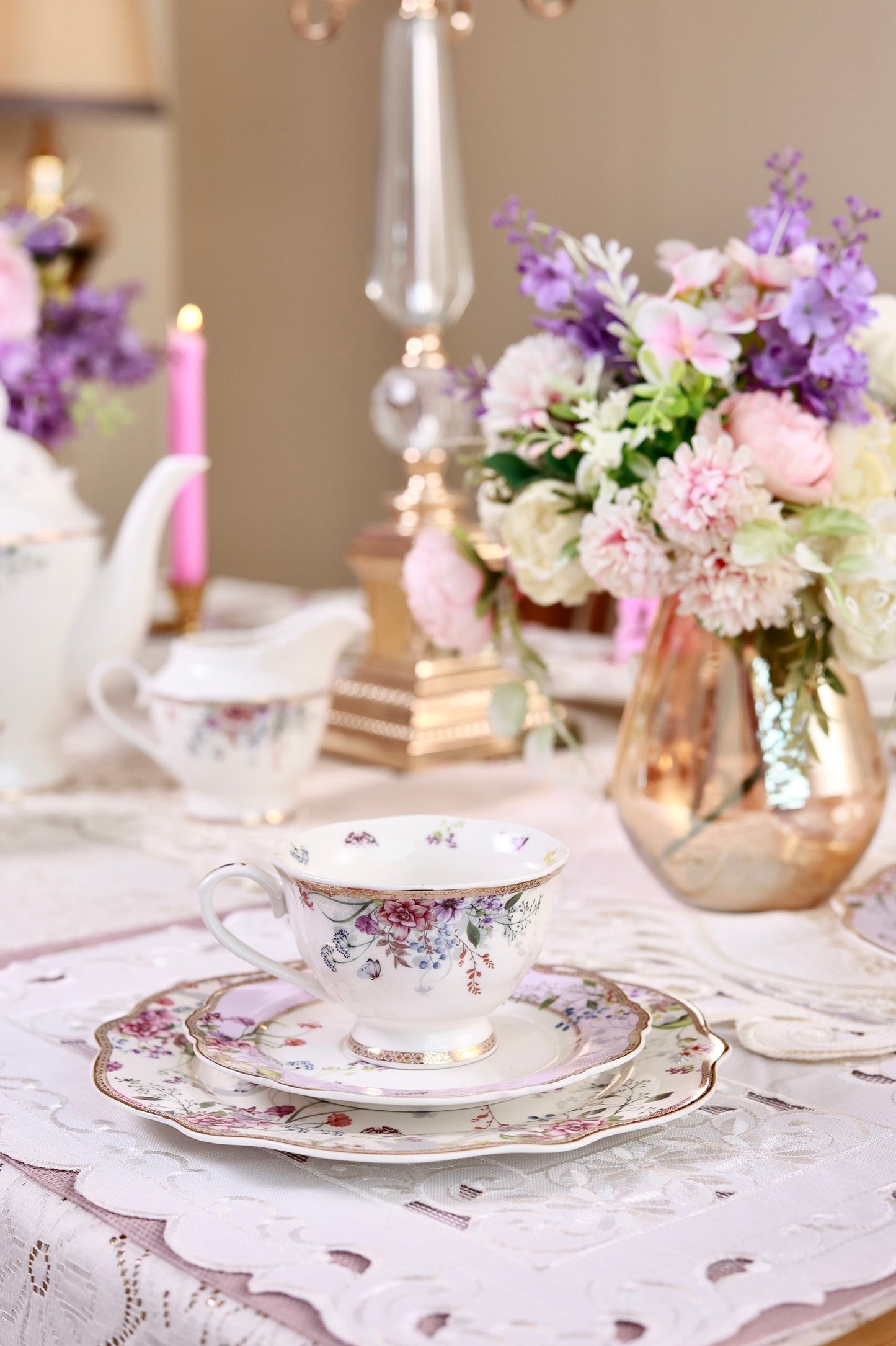 Lilac Garden Cup and Saucer Set (Vintage Collection, 6 Cups and 6 Saucers)