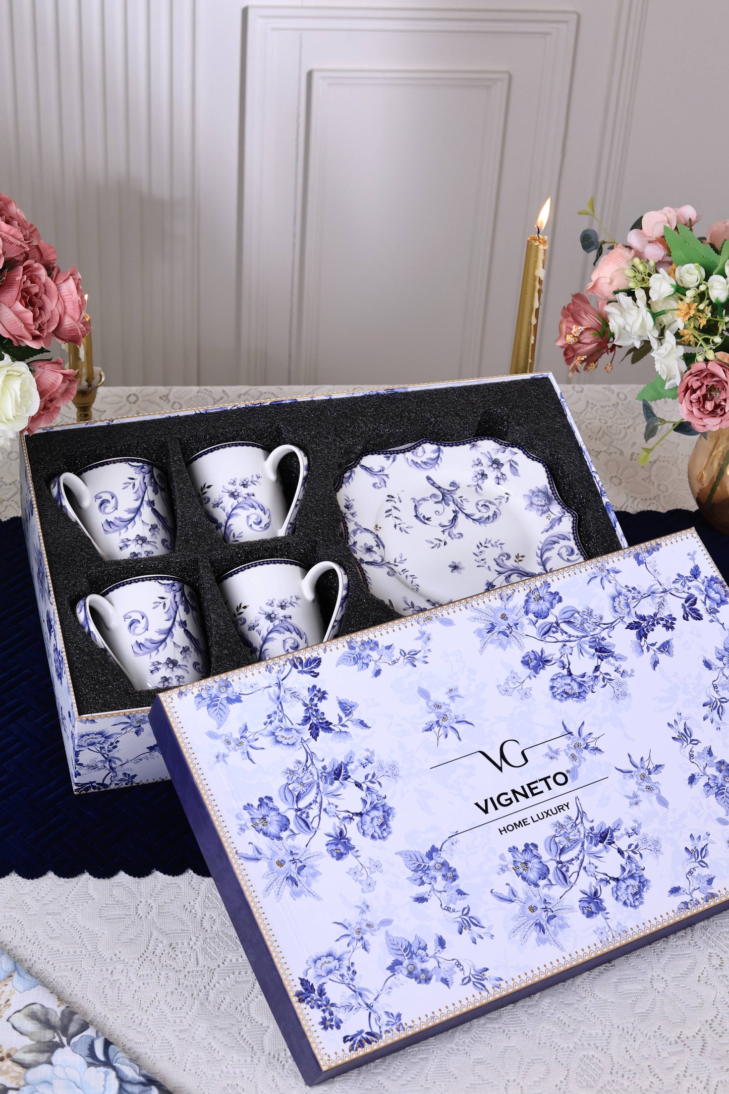 Midnight Blue Coffee Mugs with Snack Plates (4 Mugs and 4 Snack Plates) - Vigneto