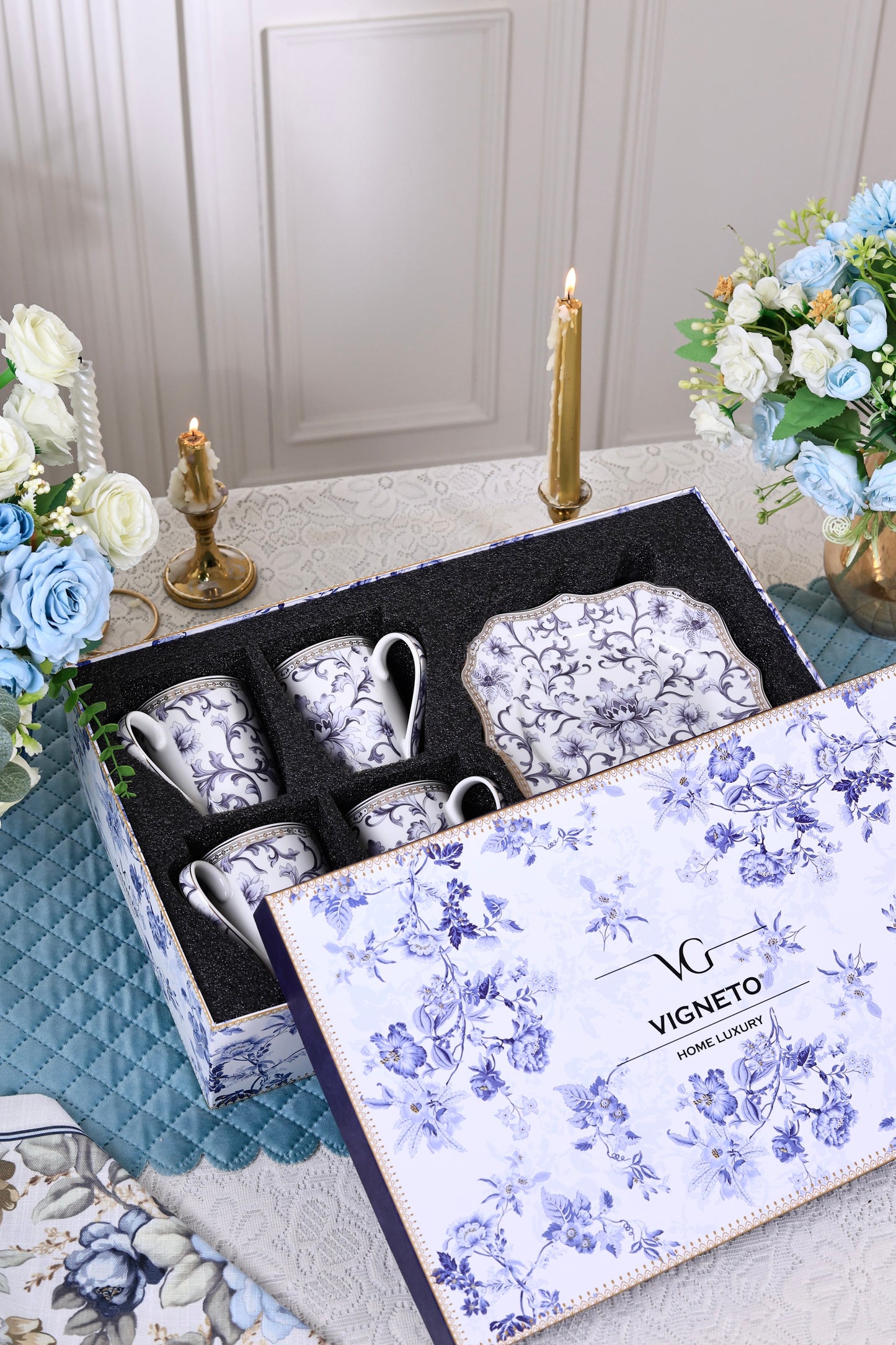 Royal Blue Coffee Mugs with Snack Plates (4 Mugs and 4 Snack Plates) - Vigneto