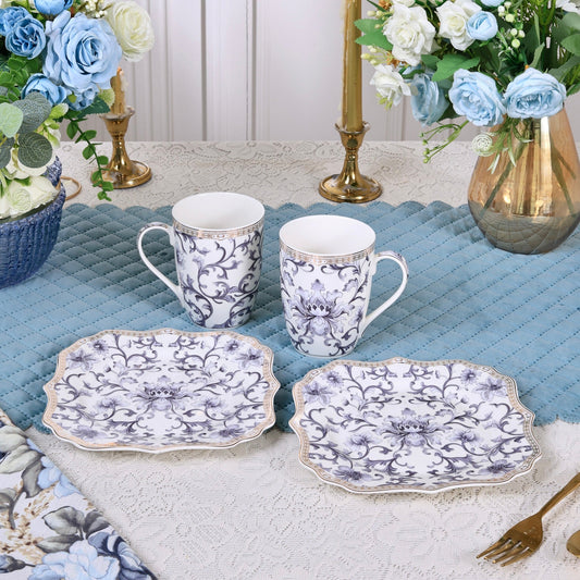 Royal Blue Coffee Mugs with Snack Plates (4 Mugs and 4 Snack Plates)