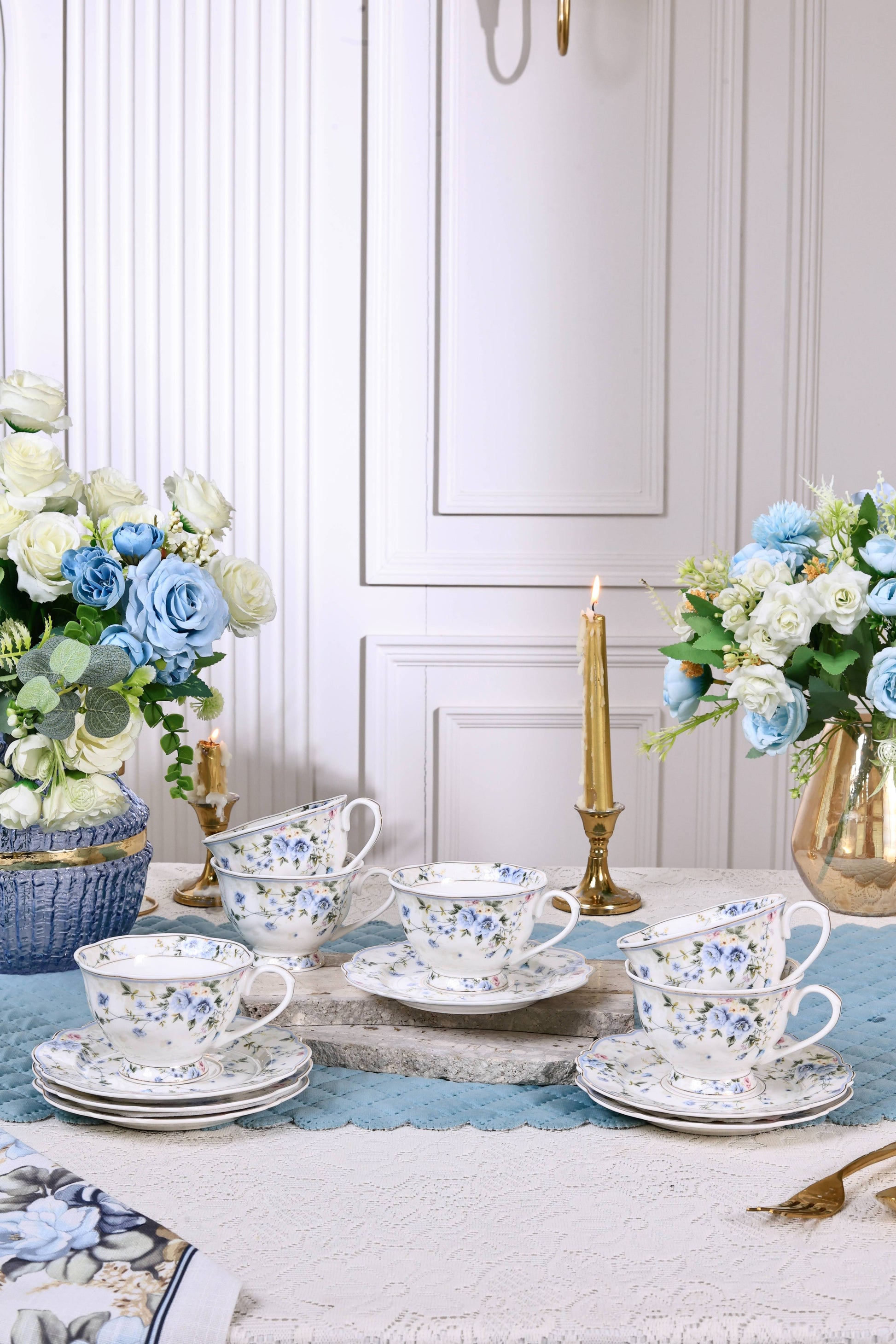 Yorkshire Bloom Cup and Saucer Set (Vintage Collection, 6 Cups and 6 Saucers) - Vigneto