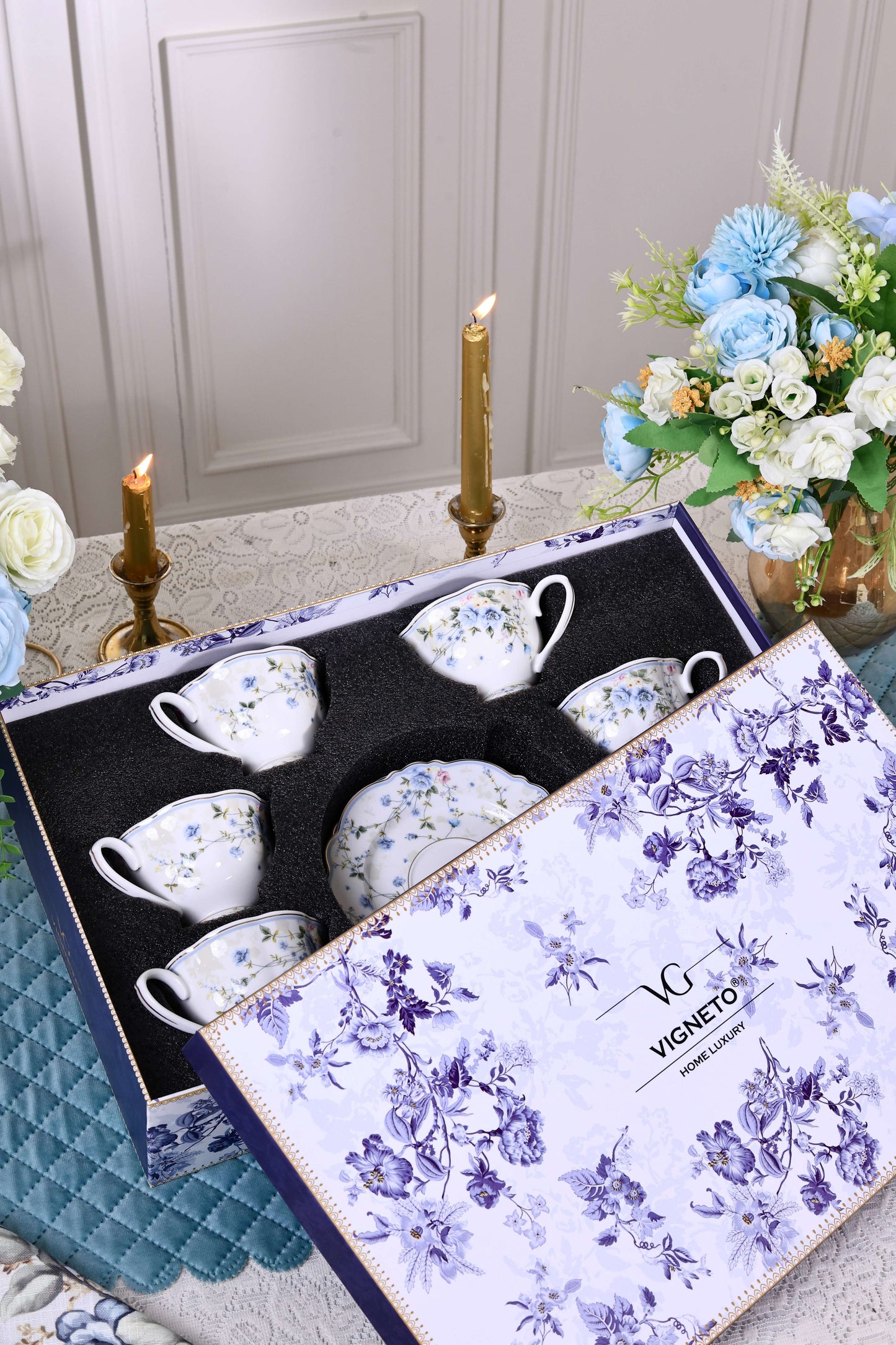 Yorkshire Bloom Cup and Saucer Set (Vintage Collection, 6 Cups and 6 Saucers) - Vigneto
