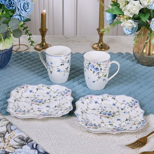 Yorkshire Bloom Coffee Mugs with Snack Plates (4 Mugs and 4 Snack Plates)