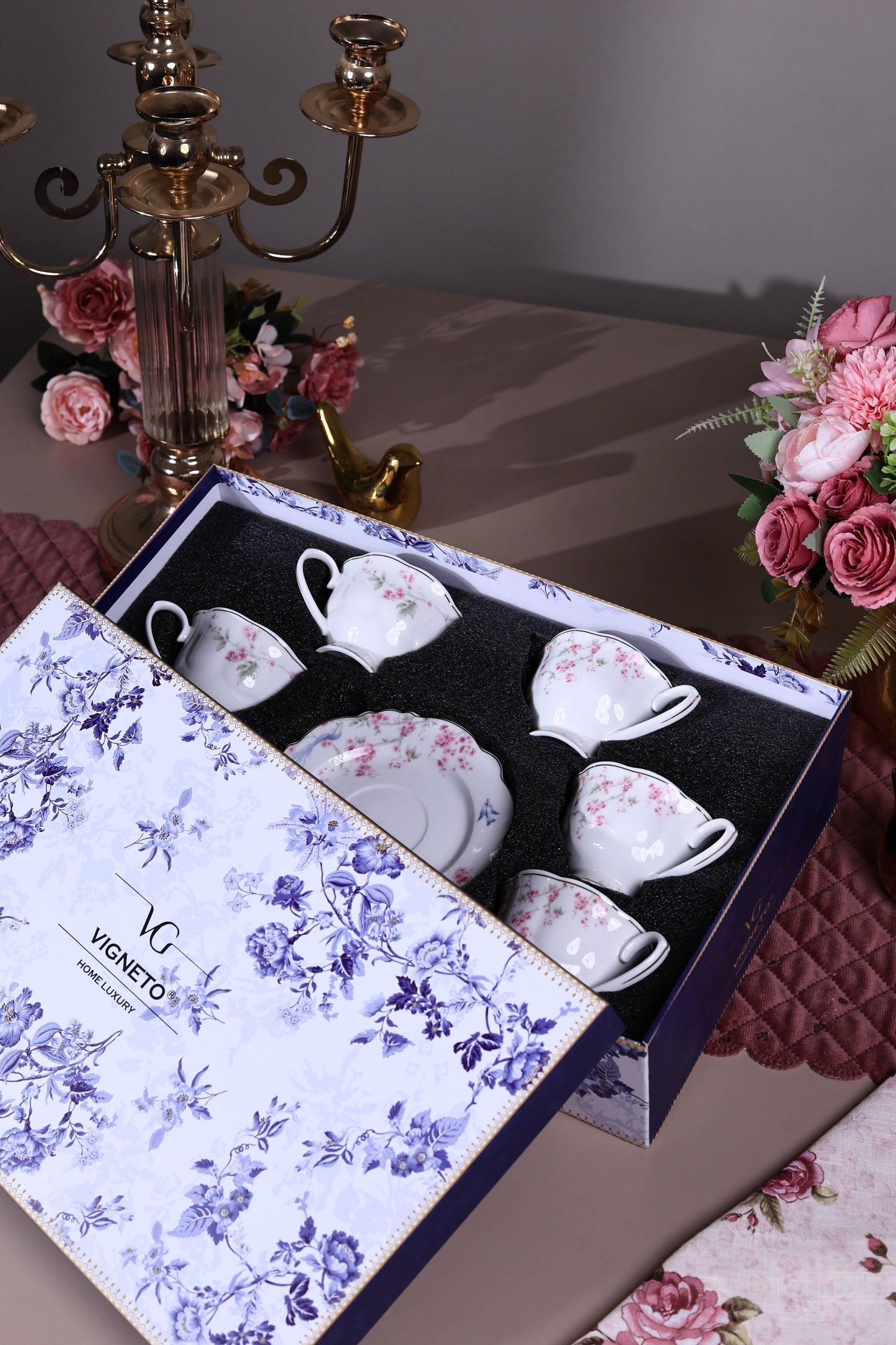 Orchid Bliss Cup and Saucer Set (Vintage Collection, 6 Cups and 6 Saucers) - Vigneto