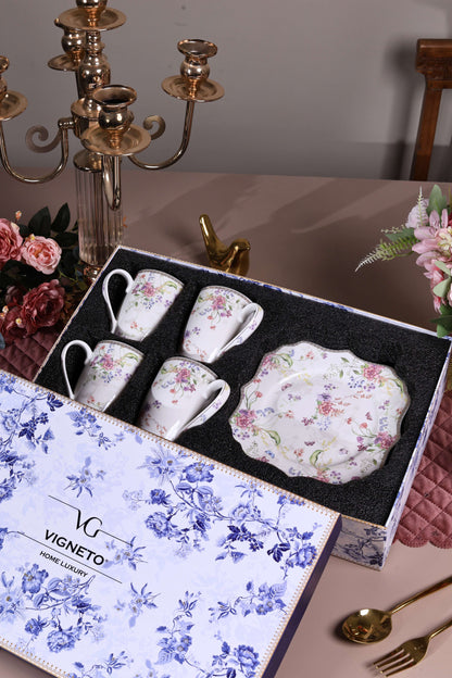 Lilac Garden Coffee Mugs with Snack Plates (4 Mugs and 4 Snack Plates)