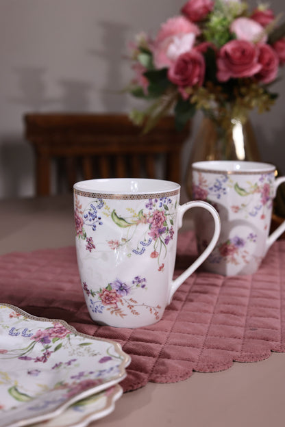 Lilac Garden Coffee Mugs with Snack Plates (4 Mugs and 4 Snack Plates)
