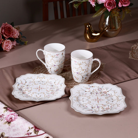 White Pattern Coffee Mugs with Snack Plates (4 Mugs and 4 Snack Plates)