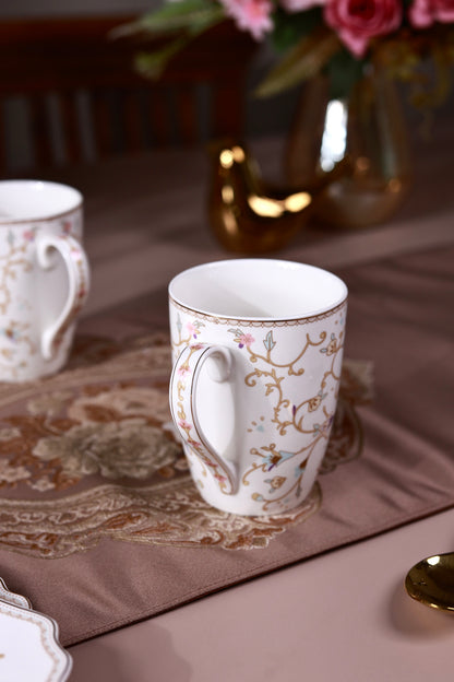 White Pattern Coffee Mugs with Snack Plates (4 Mugs and 4 Snack Plates) - Vigneto