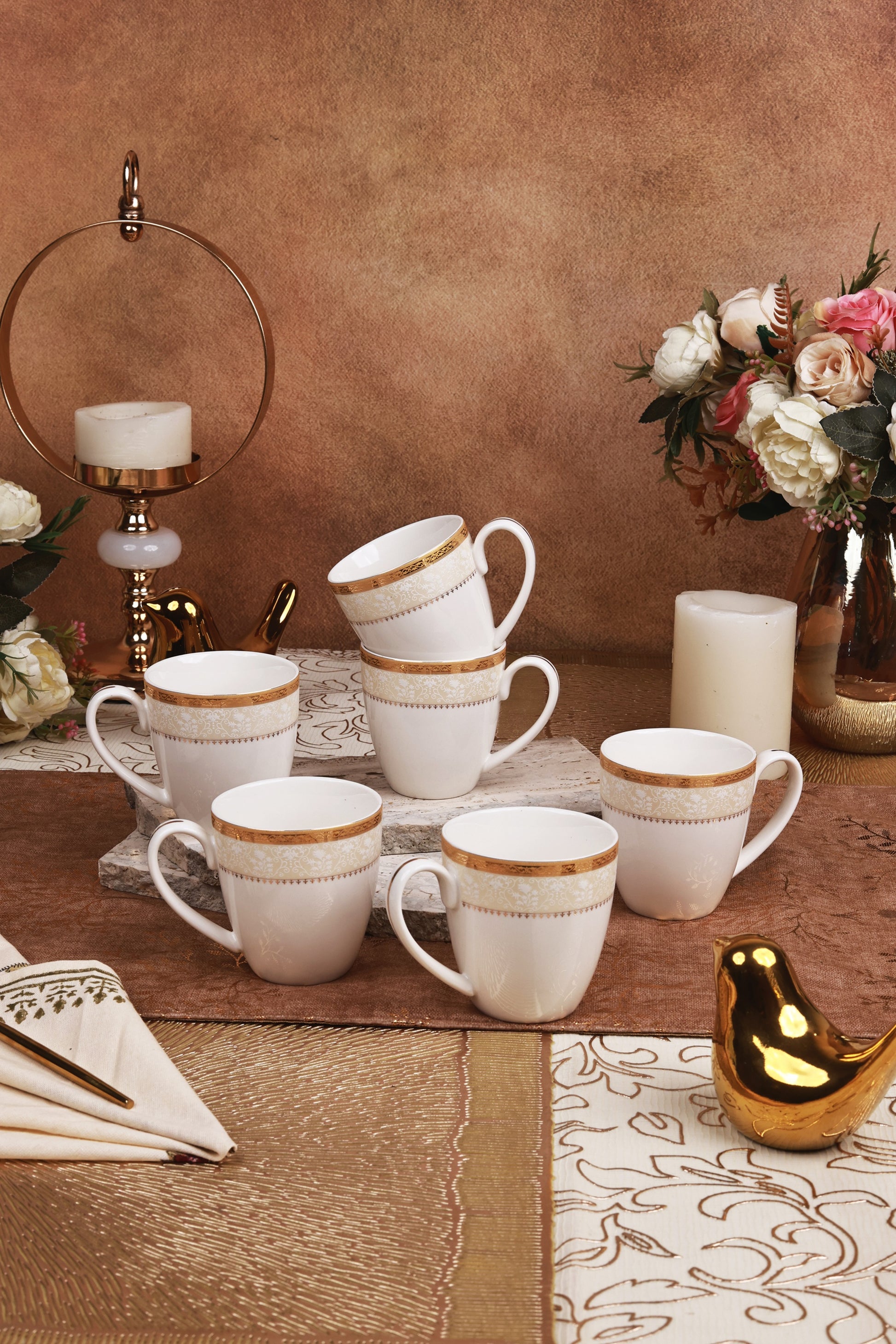 Crème Gold Mug Set (Capacity 180 ML, Set of 6) - Vigneto