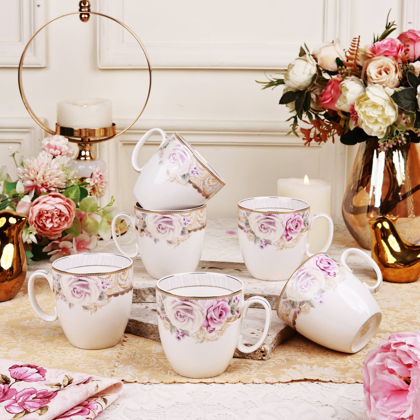 Gold Roses Mug Set (Capacity 200 ML, Set of 6)