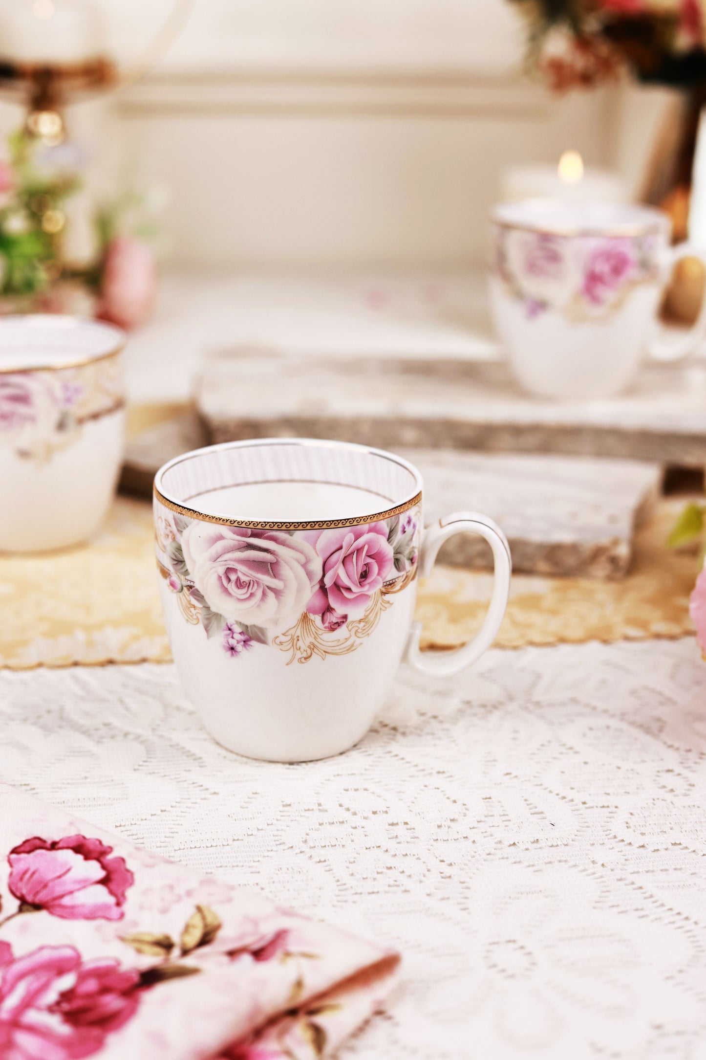 Gold Roses Mug Set (Capacity 200 ML, Set of 6)