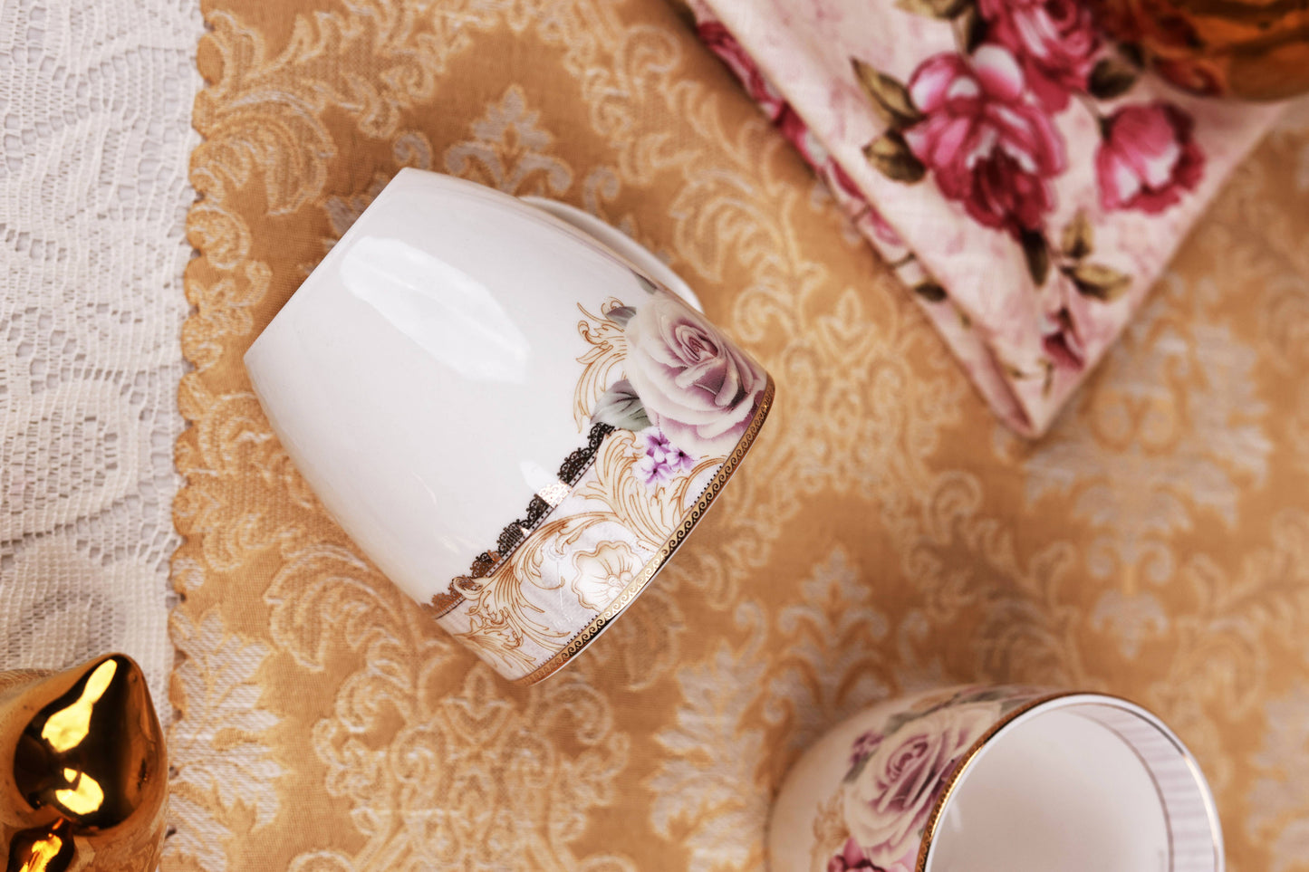 Gold Roses Mug Set (Capacity 200 ML, Set of 6)