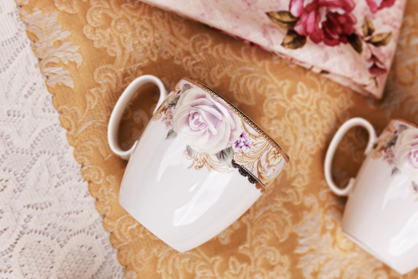 Gold Roses Mug Set (Capacity 200 ML, Set of 6)