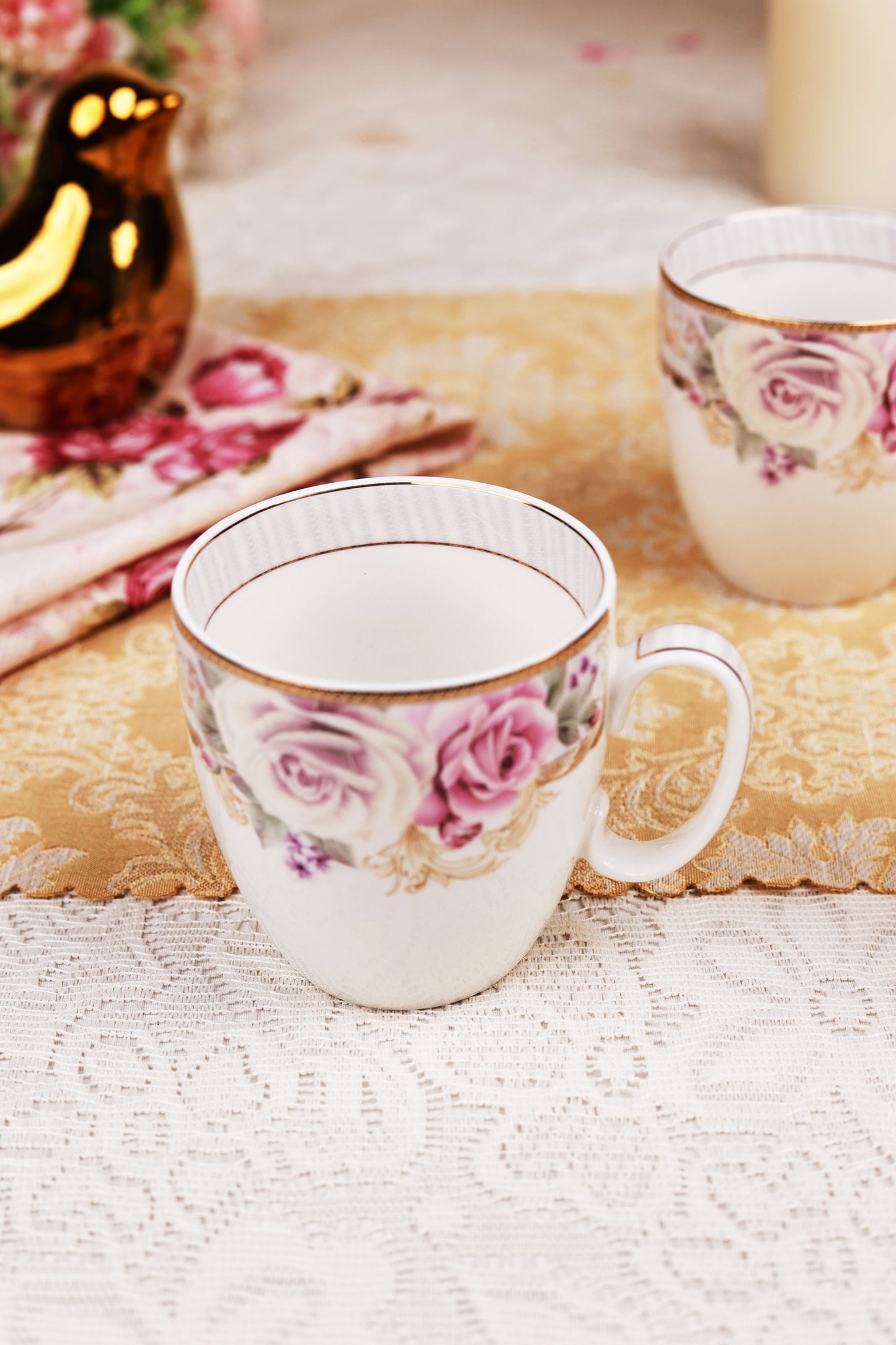 Gold Roses Mug Set (Capacity 200 ML, Set of 6)