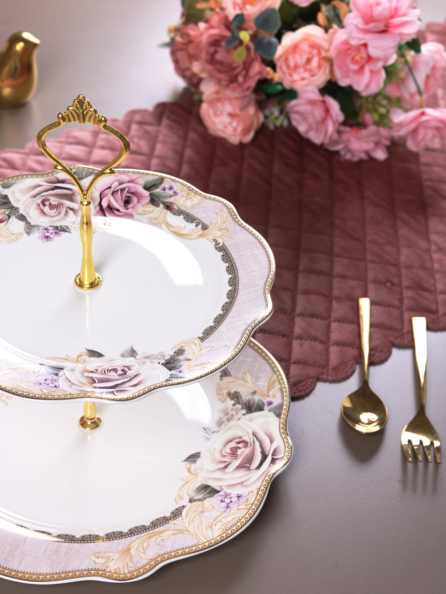 Gold Roses Two Tier Dessert Stand