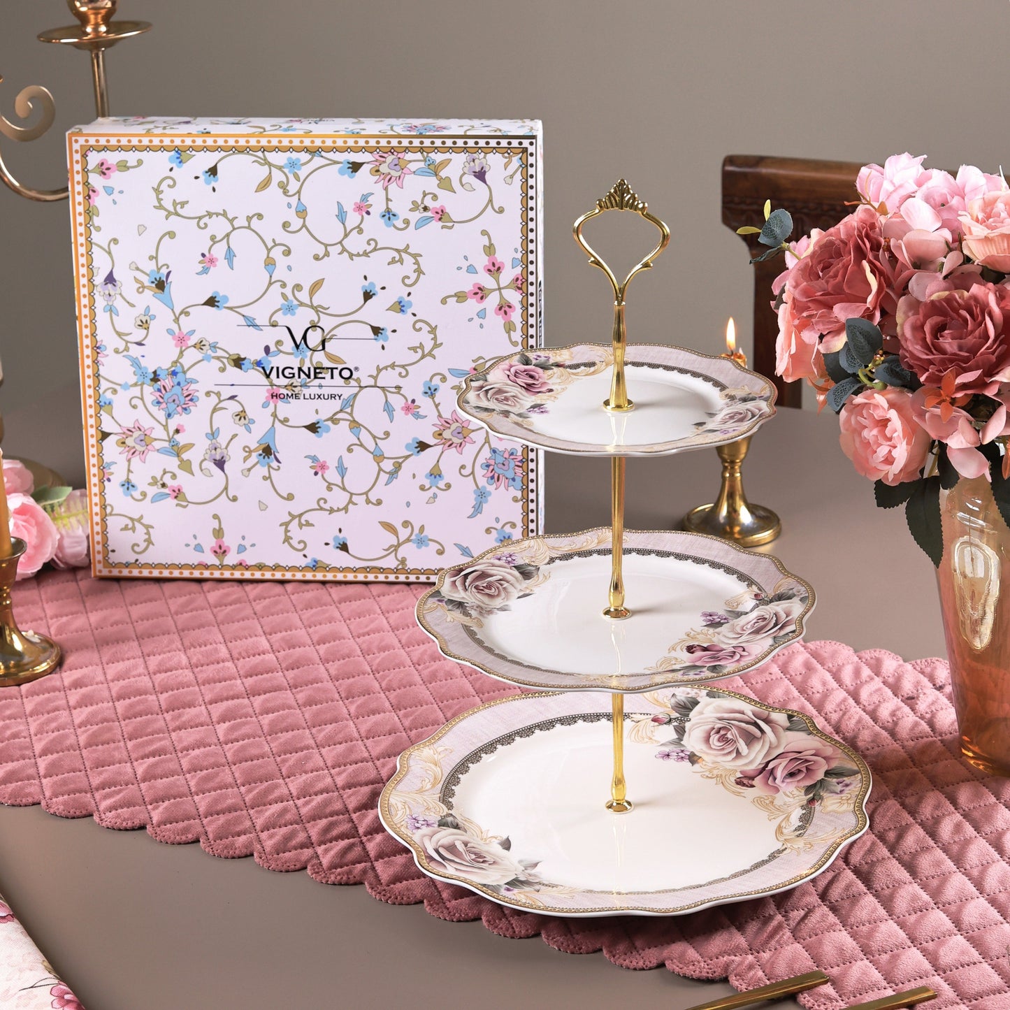 Gold Roses Three Tier Dessert Stand