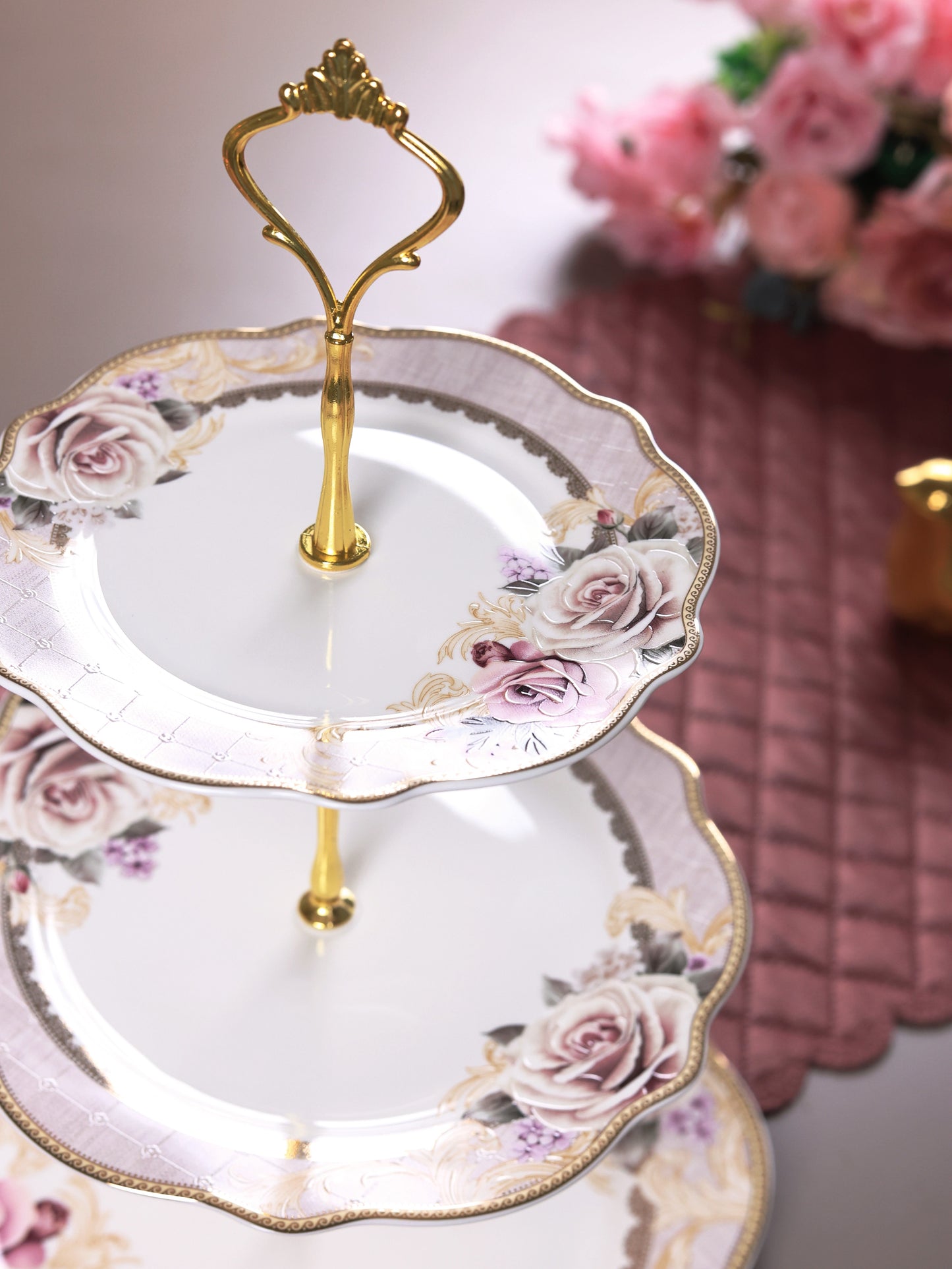 Gold Roses Three Tier Dessert Stand