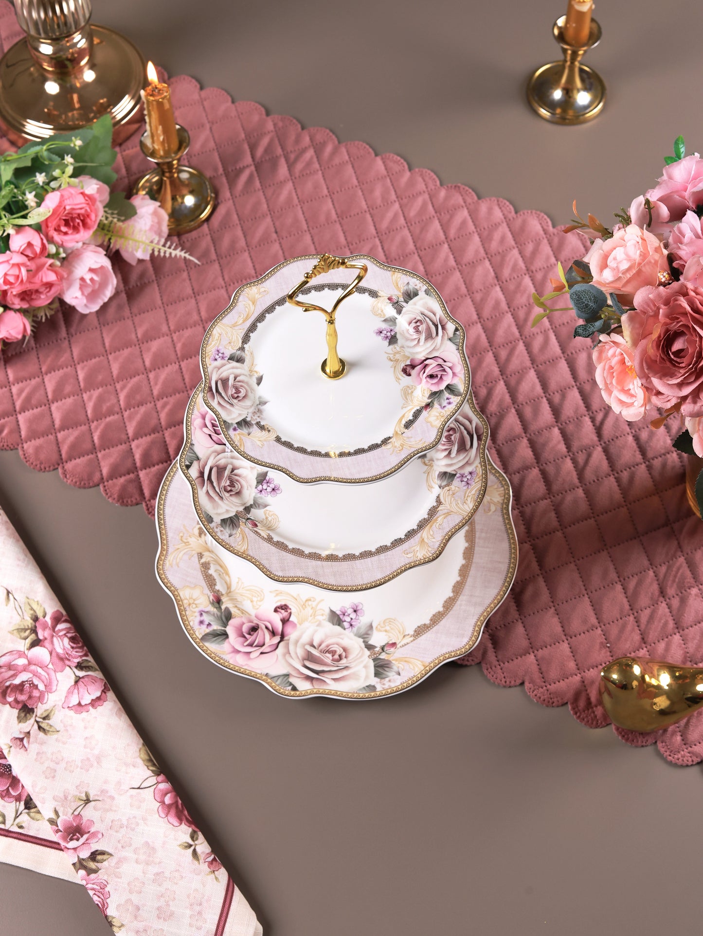 Gold Roses Three Tier Dessert Stand