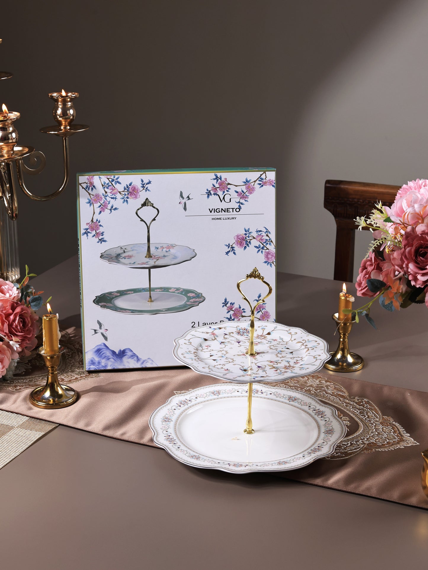 White Pattern Two Tier Dessert Stand