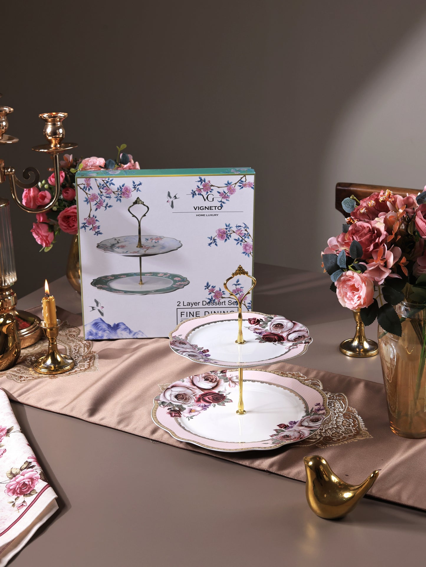 Rose Garden Two Tier Dessert Stand