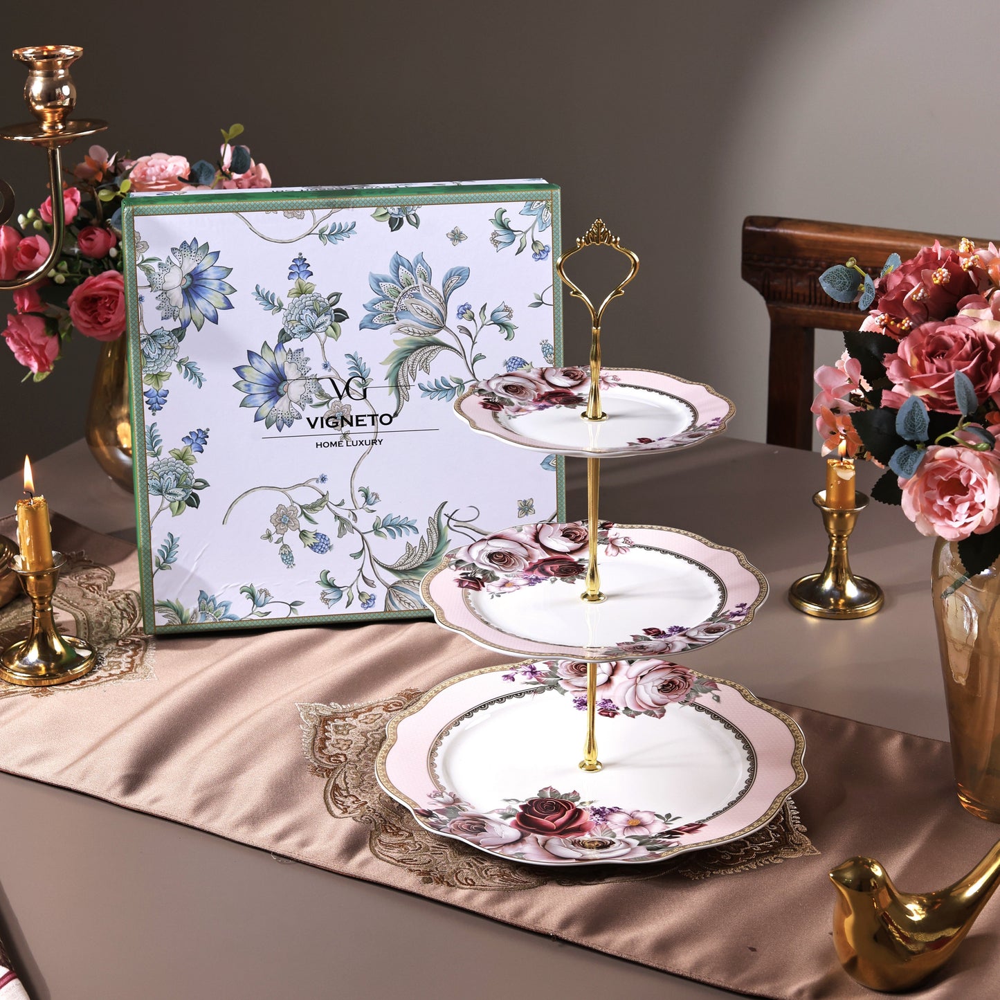 Rose Garden Three Tier Dessert Stand - Vigneto