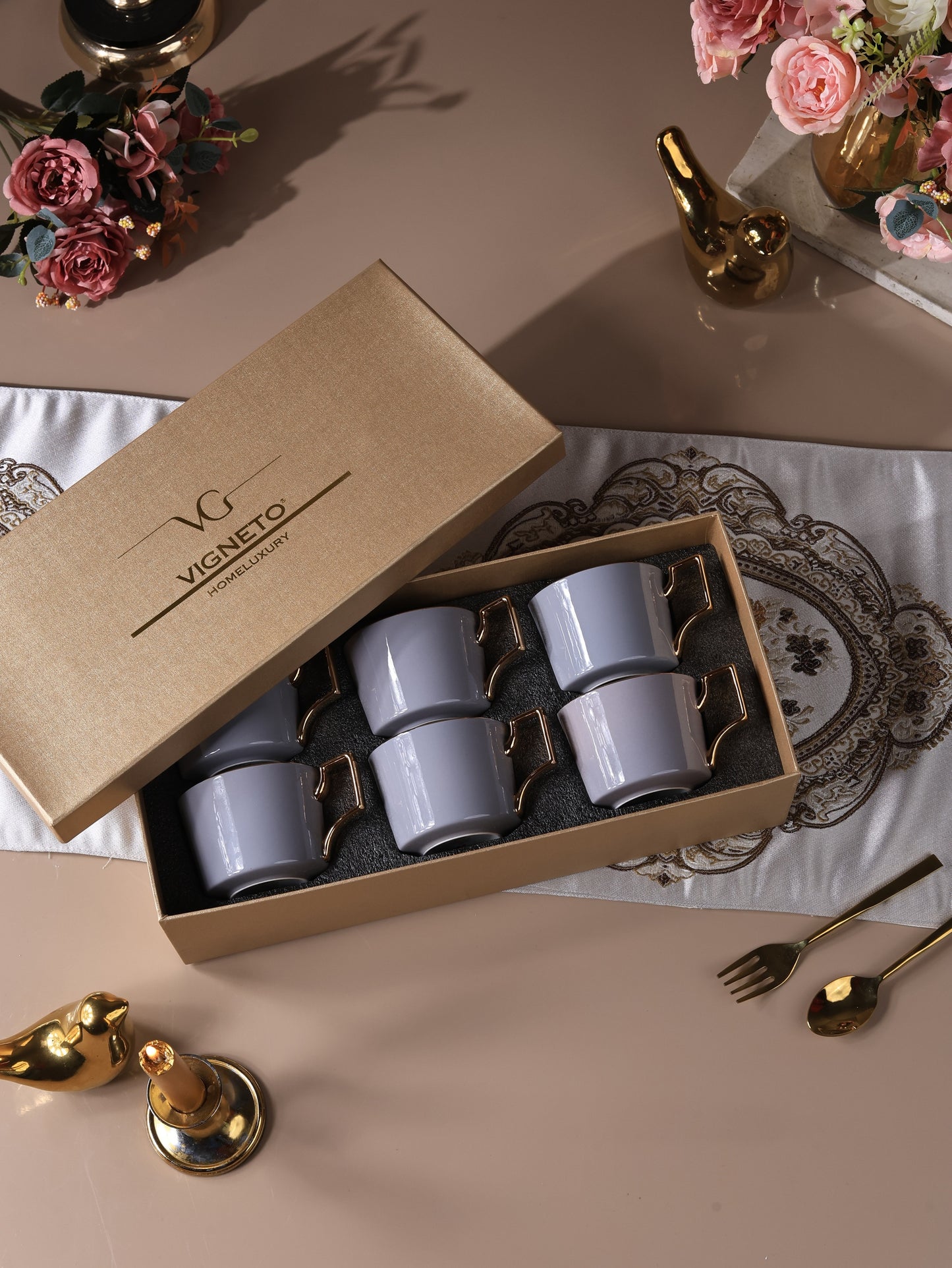 Opulent Grey Mug Set of 6 (Luxe Edition, 24K Gold, In glaze)