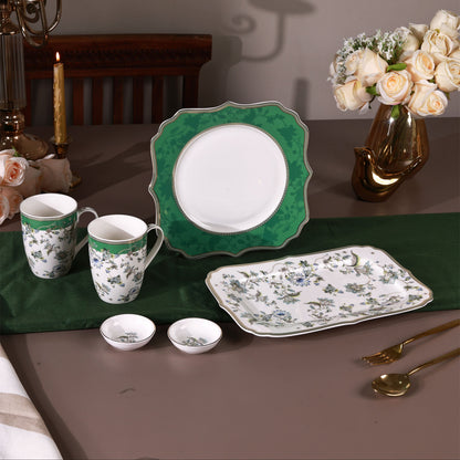 Tudor Green 8 Pcs Coffee & Platter Set (4 Mugs, 1 Square Platter, 1 Snack Platter, 2 Dip Bowls)