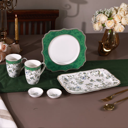Tudor Green 8 Pcs Coffee & Platter Set (4 Mugs, 1 Square Platter, 1 Snack Platter, 2 Dip Bowls)