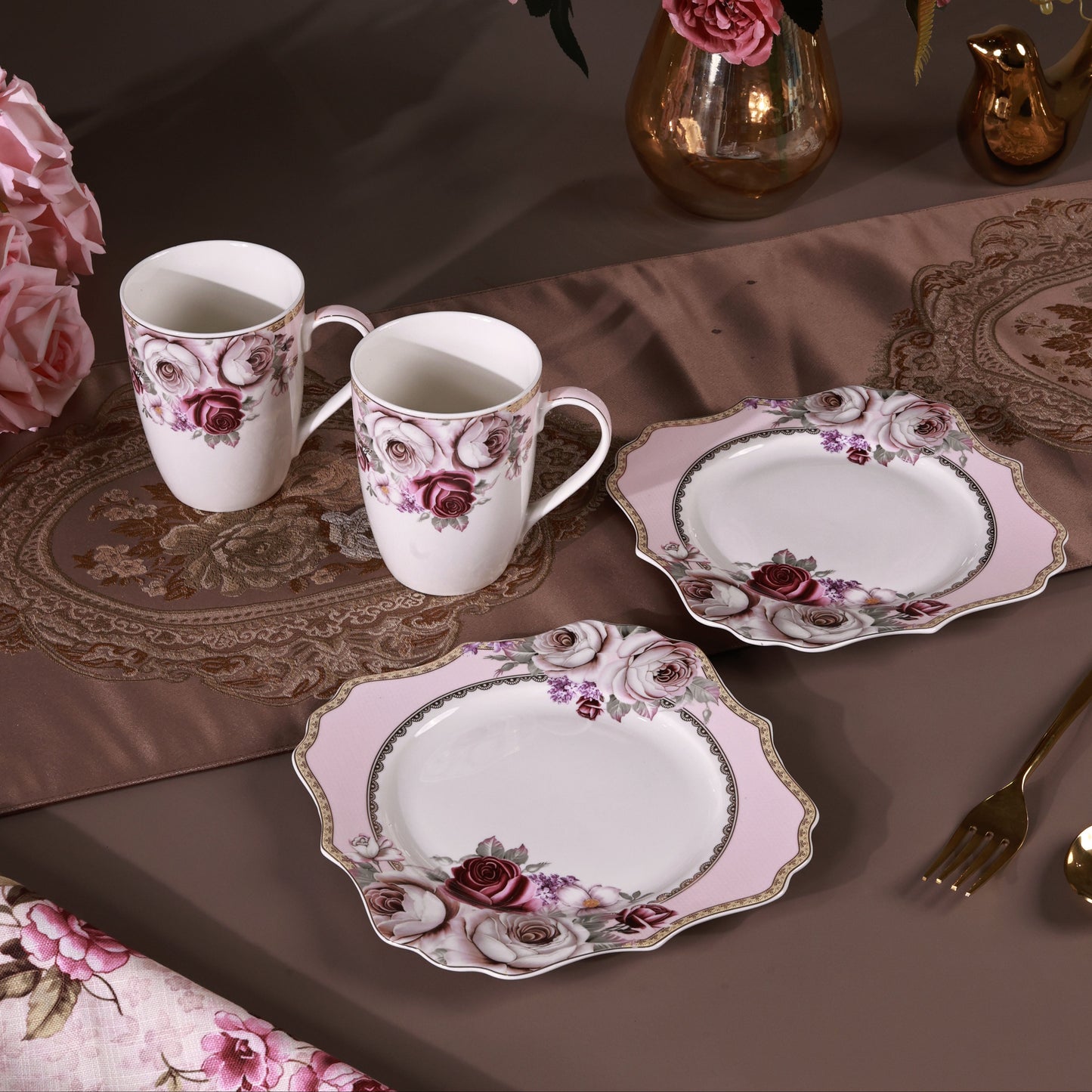 Rose Garden Coffee Mugs with Snack Plates (4 Mugs and 4 Snack Plates)