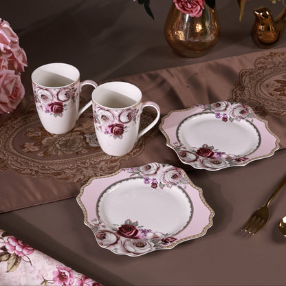Rose Garden Coffee Mugs with Snack Plates (4 Mugs and 4 Snack Plates)