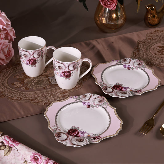 Rose Garden Coffee Mugs with Snack Plates (4 Mugs and 4 Snack Plates)