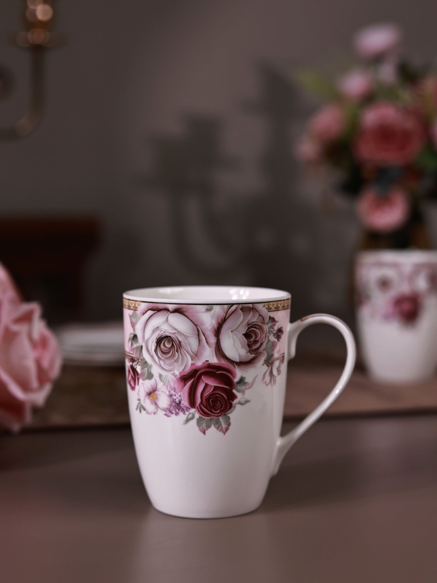 Rose Garden Coffee Mugs with Snack Plates (4 Mugs and 4 Snack Plates)