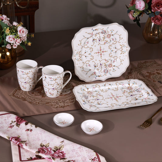 White Pattern 8 Pcs Coffee & Platter Set (4 Mugs, 1 Square Platter, 1 Snack Platter, 2 Dip Bowls)